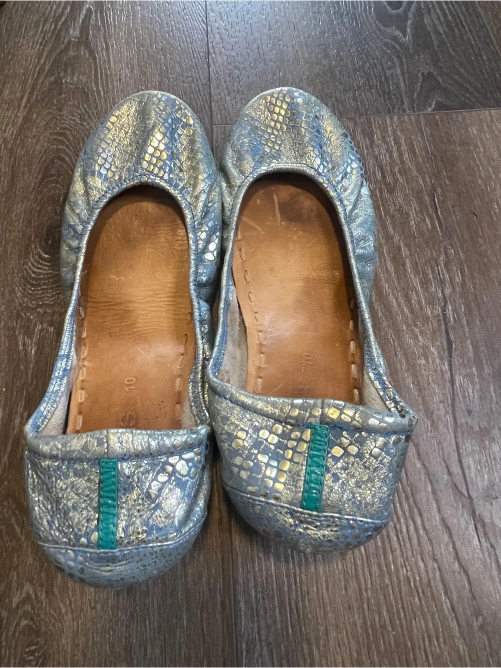Tieks by Gavrieli Metallic Blue Snake-Print Flats with Gold Accents 10